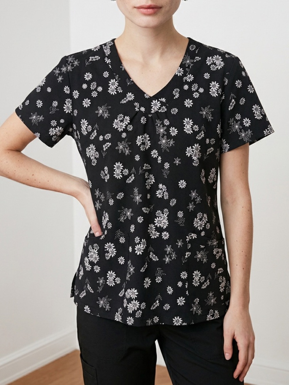 White Cross Black V-Neck Floral Short Sleeve Scrub Medium